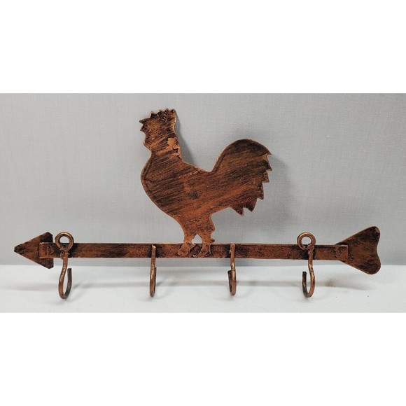 Rooster Metal Arrow Key Hanger 4 Hooks Wall Decor Brass Color Farmhouse Rustic - Picture 3 of 11